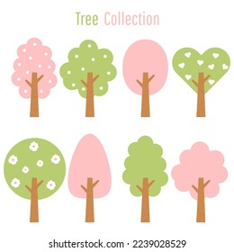 Cute green and pink tree icon collection. Natural garden decoration set. Vector illustration.
