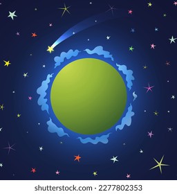Planeta verde lindo para niños en el espacio exterior con estrellas fugaces. Planetario infantil, tierra de fantasía con fondo de fondo de papel pintado de nubes. Fantástica tierra colorida juguetona para los niños. Gráficos vectoriales.