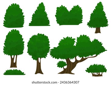Cute green plants, forest. Set of vegetation trees. Forest and nature concept. Vector cartoon style illustration