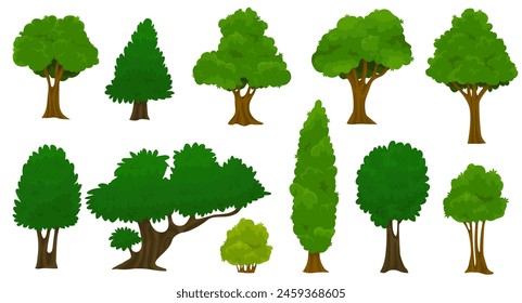 Cute green plants, forest. Set of vegetation trees. Forest and nature concept. Vector cartoon style illustration