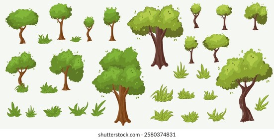 Cute green plants, forest. Set of vegetation trees. Forest and nature concept. Vector cartoon style illustration