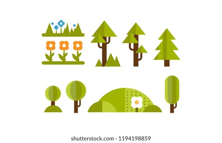 Cute green plants and trees set, elements of the summer landscape, user interface assets for mobile apps or video games vector Illustration on a white background