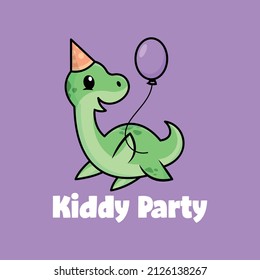 A CUTE GREEN PLESIOSAURUS IS WEARING A PARTY HAT AND BRINGING A BALOON. PREMIUM CARTOON LOGO.