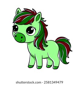 Cute green pony cartoon character isolated on white background, icon vector