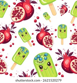 Picolé verde bonito e padrão de frutas romã. Adorável Creme de Gelo Verde e Design sem Costura romã