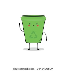 Cute green recycle bin cartoon character waving hand doodle