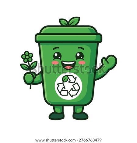 Cute Green Recycling Bin Character Holding a Flower for Eco Friendly Concept