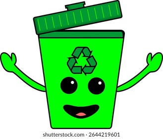 Cute green recycling trash bin cartoon character with smiling face and open arms, promoting eco-friendly waste management.