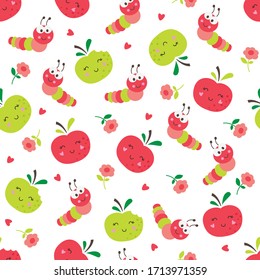 Cute green and red apples and caterpillars seamless pattern