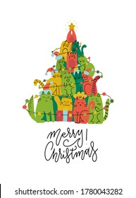 Cute green and red cats Christmas tree silhouette. Funny greeting card for pet lovers. Vector flat hand drawn illustration doodle. Stack of cats acting xmas tree. Line lettering - Merry Christmas.