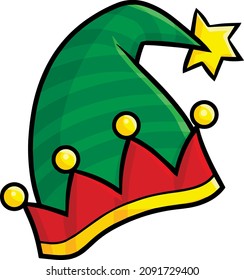 Cute green and red elf's hat in cartoon style