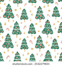 Cute green,  red and gold Christmas trees, candy canes, stars and snow balls seamless pattern. Holiday season winter forest fun repeat pattern. Hand drawn illustration.