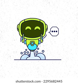 Cute green robot feel shy icon illustration. Flat cartoon character design. 