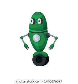 Cute green robot on one big wheel. Vector illustration on white background.