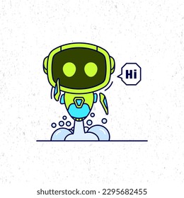 Cute green robot say hi icon illustration. Flat cartoon character design. 