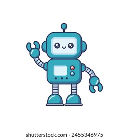 cute green robot waving hand cartoon kawaii technology science vector illustration template design