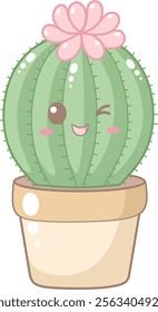 Cute Green Round Cactus With Pink Flower in Brown Pot. Simple House Plant Cacti Illustration.