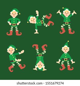 a cute green santa elf doing dancing and active things ready to use