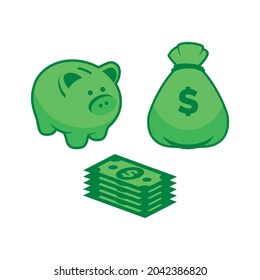 Cute green saving piggy bank, money bag and paper dollar currency icon set vector. Financial symbol vector icons isolated on a white background