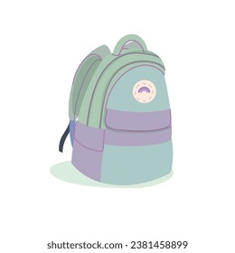 Cute green school backpack with rainbow patches, kids bag for school supplies, cartoon style. Trendy hand drawn modern vector illustration 