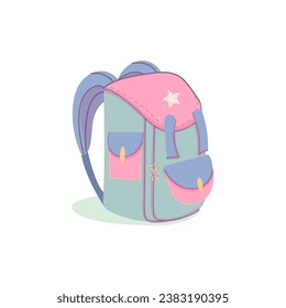 Cute green school backpack with star patches, kids bag for school supplies, cartoon style. Trendy hand drawn modern vector illustration 