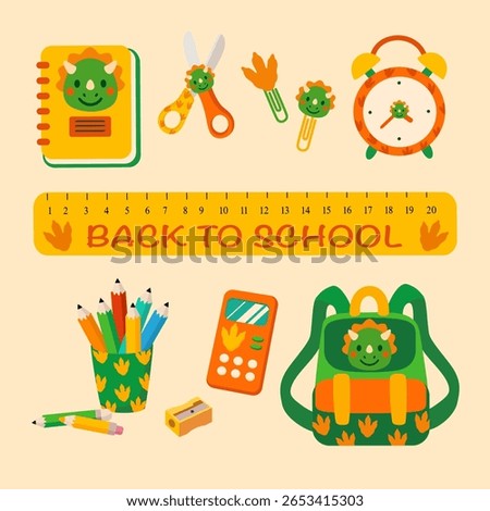 Cute green School Supplies Set with dinosaur Faces. Vector Illustration