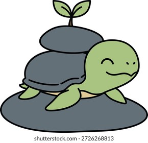 Tortuga verde linda del mar que equilibra las piedras del río y un brote en estilo plano del Vector. Ideal para libros de bienestar para niños, pegatinas de yoga y materiales educativos escolares.
