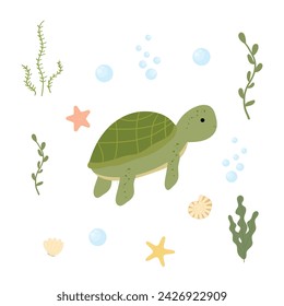 Cute green sea turtle. Sea character tortoise. Vector kids illustration cartoon style. Sea animal, sea life, shells, seaweed. Flat design. Underwater life. 