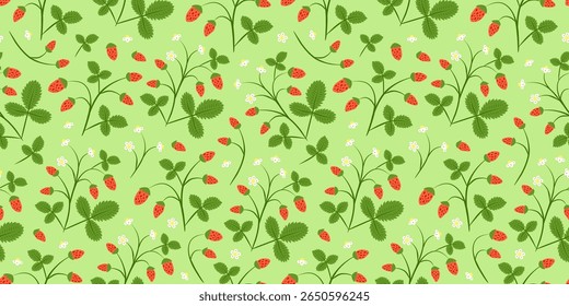 Cute green seamless pattern with wild strawberries, leaves and flowers. Natural summer background with garden or forest berries. Perfect for kids clothes, giftware, womenswear, wrapping paper, etc.