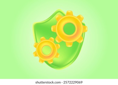 Cute green shield with two yellow, gold gears, industrial technology yellow background. Glowing plastic shield for protecting mechanism or system, cogwheel network icon for infographics, presentation