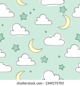 Hellgrünes Himmelsmuster. Nahtlose Vektorgrafik mit Wolken, Mond und Sternen. Baby-Illustration. süße Liebe, Babyhintergrund. Farbiges Design für Textilien, Tapeten, Stoff, Dekoration.
