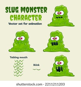 Cute green slime Slug monster character. Vector set for animation