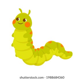 Cute green smiling caterpillar on white background. Concept of stickers of cute and funny insects and garden animals for children. Flat cartoon vector illustration