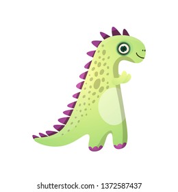 Cute green smiling dinosaur with violet plates from prehistoric