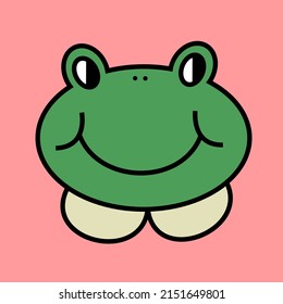 Cute green smiling frog hand draw vector illustration. Cartoon flat design.