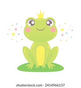 Rana verde sonriente. Princesa de la Rana Pequeña con corona sentada en la mueca. Caricatura divertida. Feliz animal infantil para tarjeta de cumpleaños, afiche, impresión, ropa de niño, plantilla de diseño. Vector