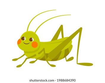 Cute green smiling grasshopper on white background. Concept of stickers of cute and funny insects and garden animals for children. Flat cartoon vector illustration