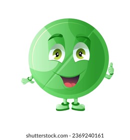 Cute green smiling tablet cartoon character. Medicine, tablet, capsule, drug of painkillers, antibiotics, vitamins. Vector illustration isolated on white background
