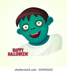 Cute green smiling zombie man, poster for halloween party, vector illustration, humorous greeting card to a friend