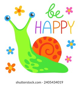 Caracol verde lindo con concha naranja. Inscripción "sé feliz". Ilustración simple brillante, caricatura de caricatura. Feliz ilustración infantil brillante.