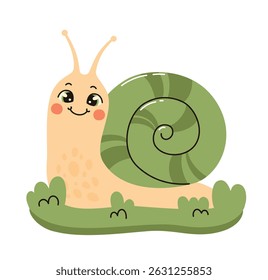 Cute green snail sits on the grass. Flat vector illustration.