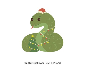 Cute green snake animal kawaii character in winter, Asian symbol 2025 year. Wild reptile with tongue, serpent. Cartoon hand drawn style for children. Vector illustration