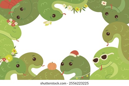 Cute green snake animal kawaii character set in frame, symbol 2025 year. Wild reptile with tongue, serpent. Cartoon hand drawn style. Vector illustration with copy space background