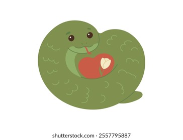 Cute green snake animal kawaii character in winter, symbol 2025 year. Wild reptile with tongue and heart love, serpent. Cartoon hand drawn style for children. Vector illustration