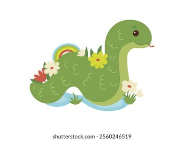 Cute green snake animal kawaii character in spring with flower, symbol 2025 year. Wild reptile with tongue, serpent. Cartoon hand drawn style for children. Vector illustration