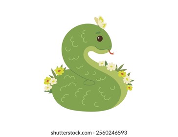 Cute green snake animal kawaii character in spring with flower, symbol 2025 year. Wild reptile with tongue, serpent. Cartoon hand drawn style for children. Vector illustration