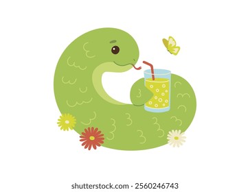 Cute green snake animal kawaii character in summer, symbol 2025 year. Wild reptile with tongue, serpent. Cartoon hand drawn style for children. Vector illustration