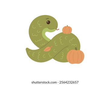 Cute green snake animal kawaii character in autumn, symbol 2025 year. Wild reptile with tongue, serpent. Cartoon hand drawn style for children. Vector illustration