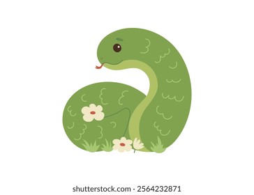 Cute green snake animal kawaii character in spring with flower, symbol 2025 year. Wild reptile with tongue, serpent. Cartoon hand drawn style for children. Vector illustration