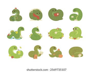 Cute green snake animal kawaii character set, symbol 2025 year. Wild reptile with tongue, serpent. Cartoon hand drawn style. Vector illustration